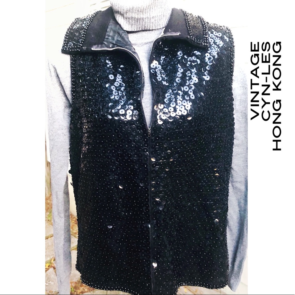 CYN-LES HONG KONG, BLACK SEQUIN VEST Sz 8